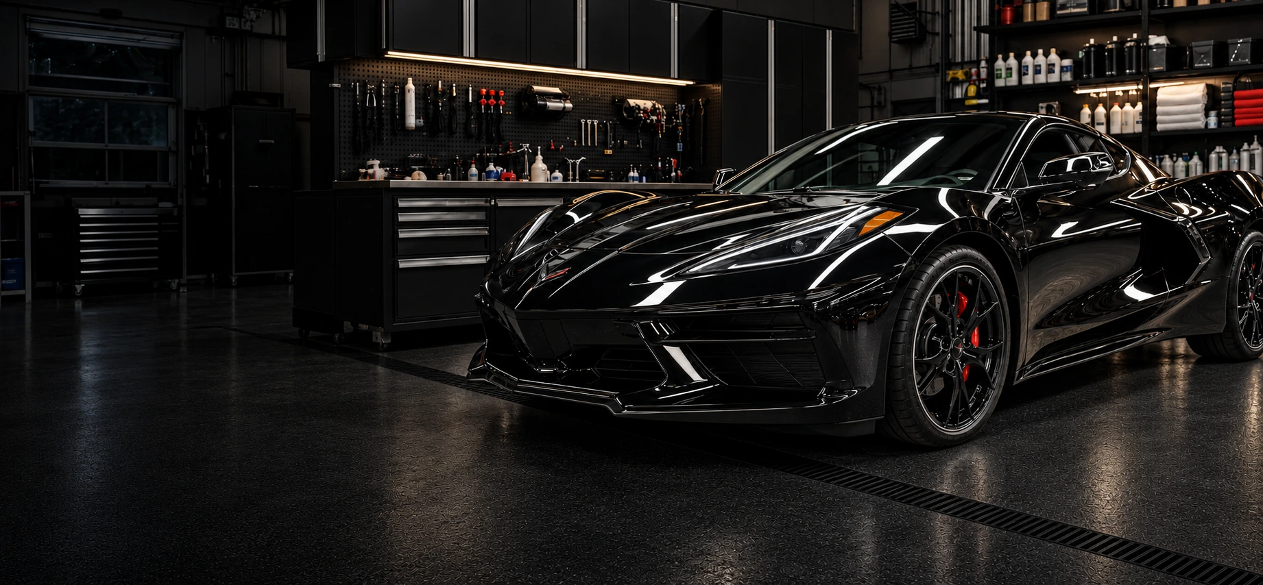 Illustrative black sports car in a detailing workshop